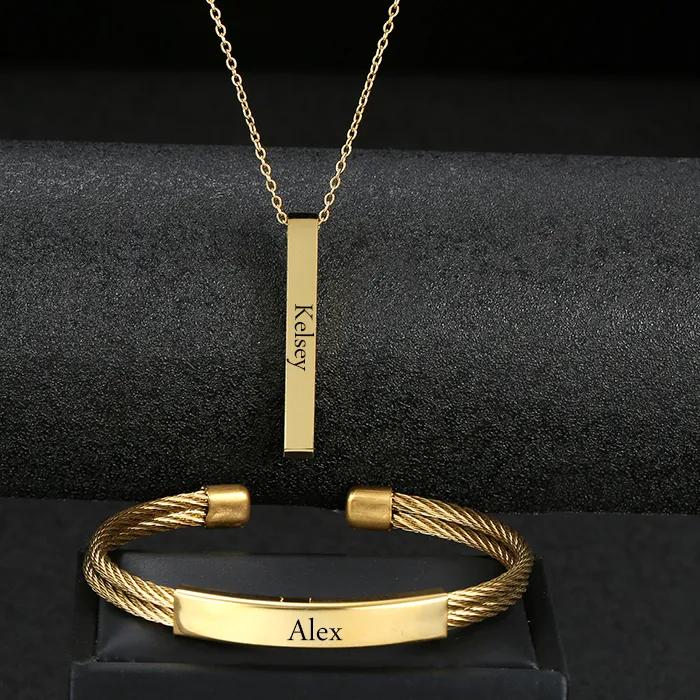 Authentic Engrave Name Date Bracelet Bar Necklace Set Gold Color Custom Open Bangle Adjustable Size Lovers Jewelry
