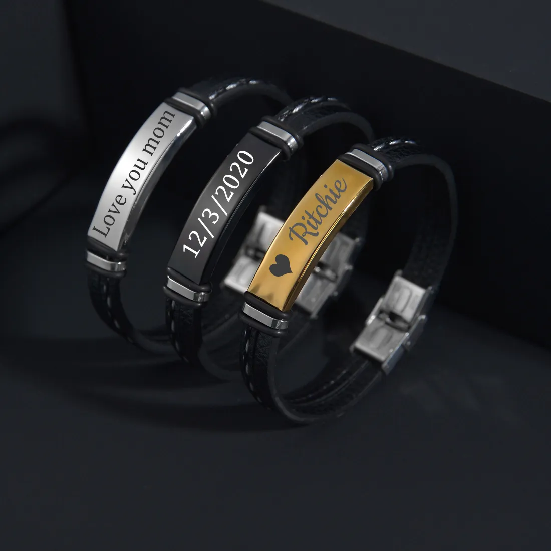 Authentic Personalized Customized Bracelets for Men Engrave Name Date Women Braid Black Color Leather Bangles Jewelry