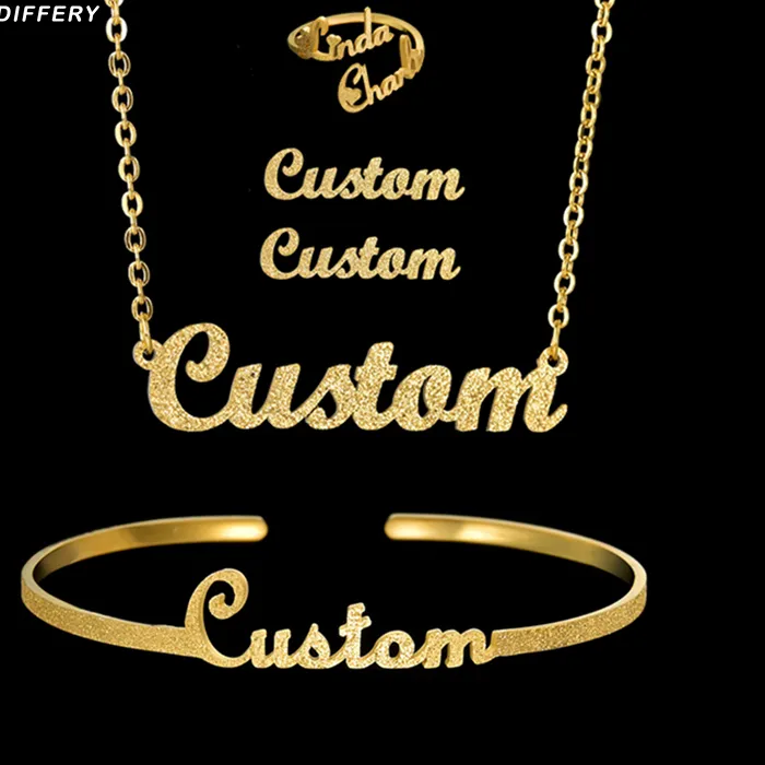 Authentic Letdiffery Custom Name Jewelry Set for Women Frosted Necklace Ring Bangle Wedding Jewelry for Girlfriend Lovers