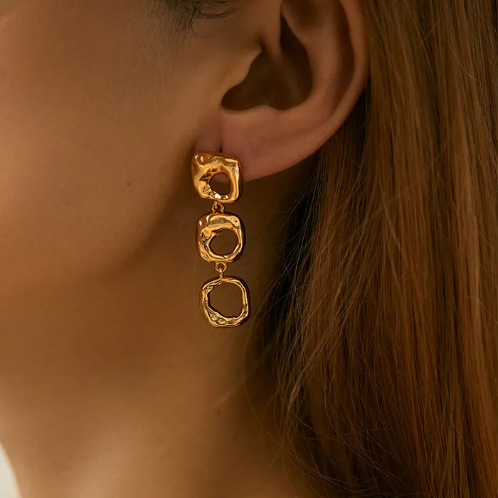 Authentic Hollow Circles Triple Charm Drop Earrings Statement Pair Dangle Solo Trendy 18k Gold Plated European American Jewelry Women