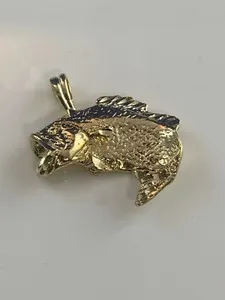 Authentic Jumping Bass Fish Pendant Charm 24k Gold Plated 3D Diamond-Cut Sport Fish