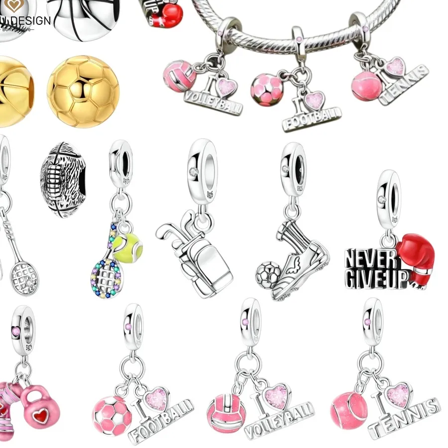Authentic 925Sterling Silver Sport Basketball Football Badminton Boxing Bead Pendant Fit Diy Bracelet Jewelry Making