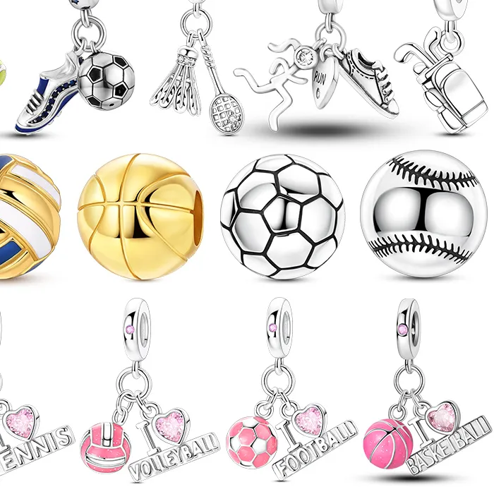 Authentic 925 Sterling Silver Charms Beads Sport Basketball Football Tennis Volleyball Golden Pendant Fit Women Girl Fine Jewelry