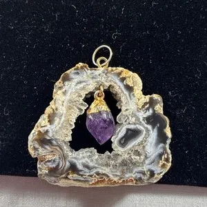 Authentic Pendant Geode Slice w/Amethyst Point Gold Plated