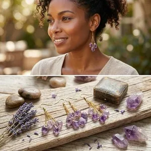Authentic Long Dangle Amethyst Triple Crystal Point Earrings Pair (Gold Plated)