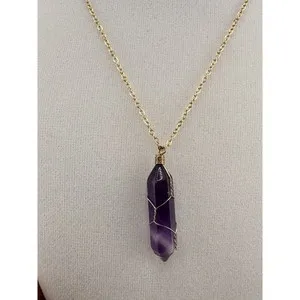 Authentic Amethyst Crystal Point Wire Wrapped Necklace 14K Gold Plated