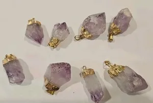 Authentic Amethyst Crystal Raw Point Pendant (Gold Plated) Gemstone Jewelry Necklace