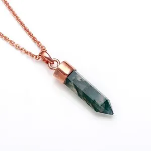 Authentic Natural Moss Agate Crystal Point Pendant 925 Silver Rose Gold Plated Jewelry