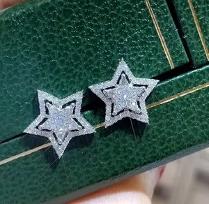 Authentic 14K White Gold Plated Pave CZ's 5-Point Star Stud Earrings