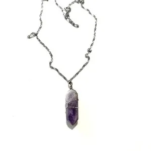 Authentic Wire Wrapped Amethyst Point Necklace Pendant 16" on 18K White Gold Plated Chain