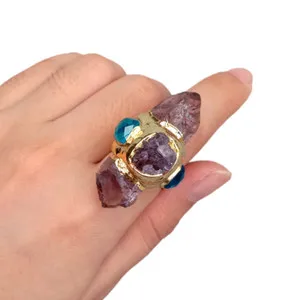 Authentic Purple Amethyst Point Druzy Blue Crystal Ring Gold Plated Adjustable Gems Ring