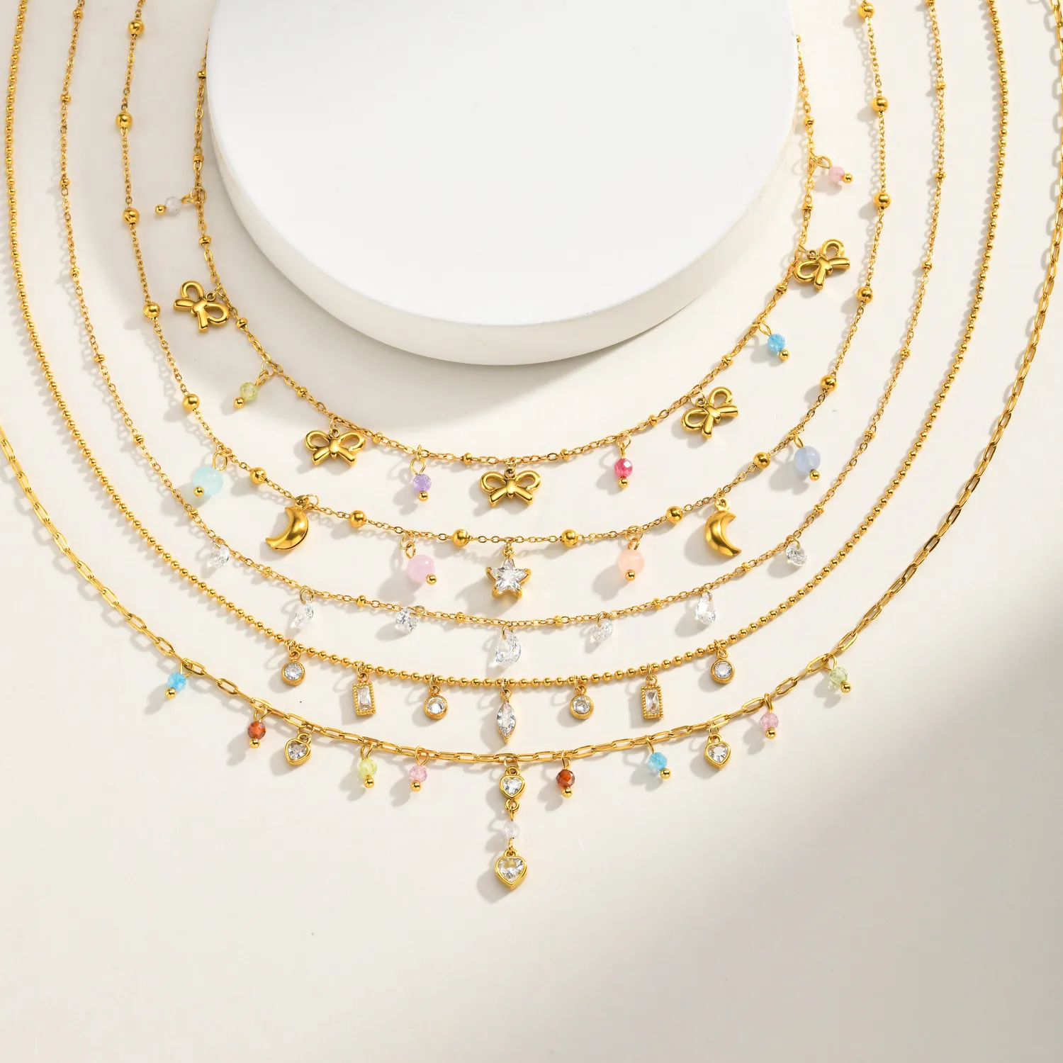 Authentic Dainty Multi-Layer Gold Plated Choker, CZ Bow Moon Star Heart Charm Necklace, Waterproof Tarnish Free Jewelry