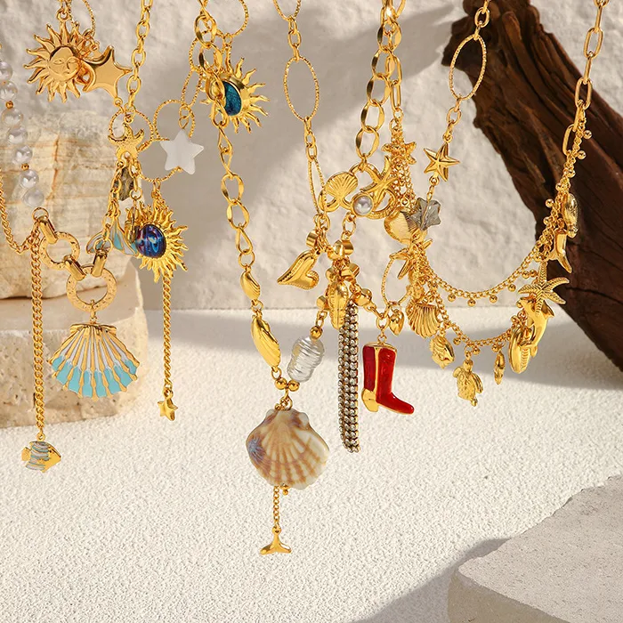 Authentic Gold Plated Ocean Shell Star Moon Tassel Multi-Layer Layered Necklace Bohemian Cross Border Hot Selling Jewelry Women