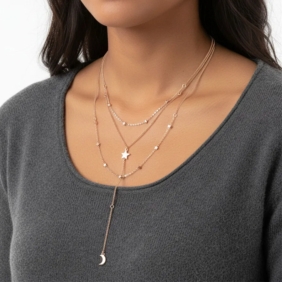 Authentic 3-Piece Layered Y-Necklace Set Star Moon Bee & Heart Pendants Gold Plated Multi-Chain Stackable Jewelry for Women