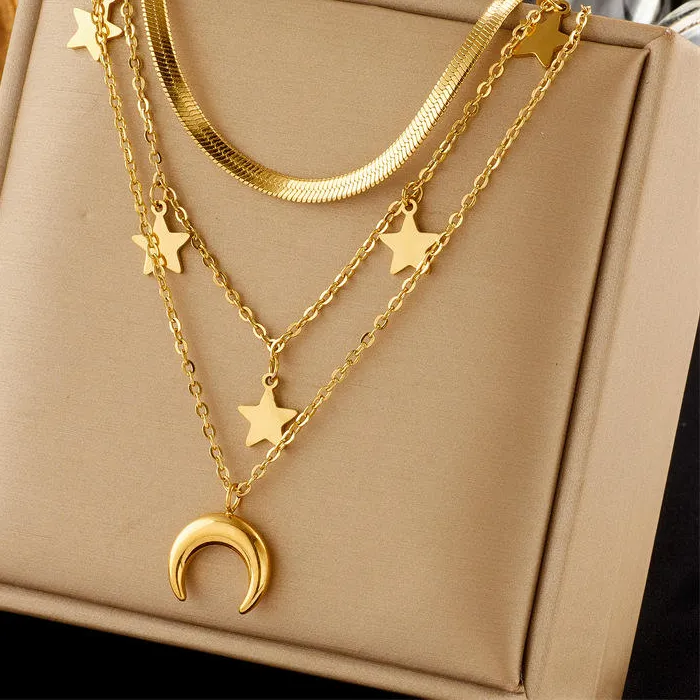 Authentic Waterproof Necklace Jewelry 18K Gold Plated Moon and Star Necklaces Multi Layered for Women Jewelry