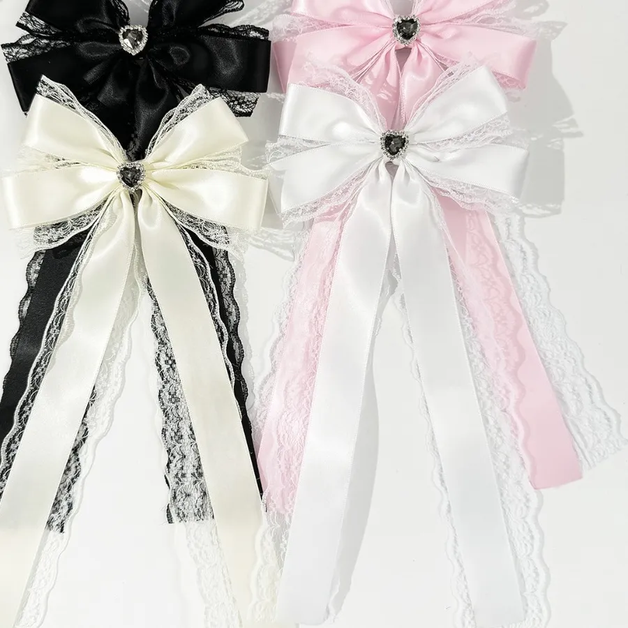 Authentic Handmade Fabric Lace Bow Brooch Rhinestone Heart Shaped Shirt Collar Pins Vintage Jewelry Brooches for Women Accessories