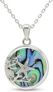 Authentic Abalone Shell Stone Animals Pendant 18" Necklace 14K White Gold Plated Silver