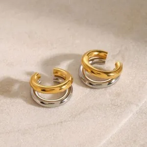 Authentic 1 Pair Woman 18K Gold Plated 2 Layers Earring Ear Cuff Cartilage Non Pierced