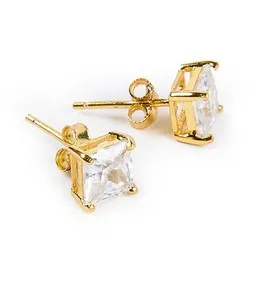 Authentic 1 - Pair Gold Plated Sterling Silver 6mm Princess Basket Set CZ Stud Earrings -