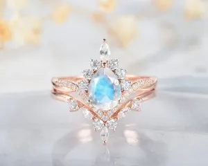 Authentic Natural Pear Cut Moonstone 14K Rose Gold Plated 925 Silver Engagement Ring Set