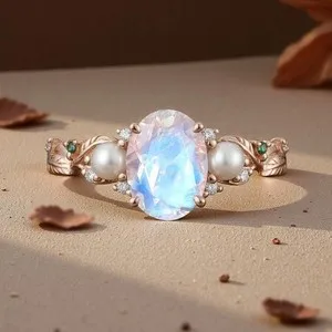 Authentic Celestial Harmony: Oval Cut Moonstone & Pearls Rose Gold Plated Engagement Ring for Fertility Blessings