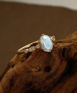 Authentic Natural Oval Cut Moonstone Yellow Gold Plated 925 Silver Engagement Ring For Her