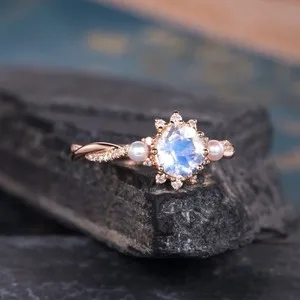 Authentic Natural Round Cut Moonstone 14k Yellow Gold Plated 925 Silver Engagement Ring