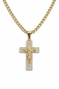 Authentic Cross Crucifix Gold Plated 24" Chain 6mm Necklace And Pendant