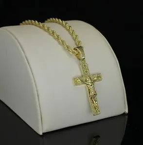 Authentic Small Solid Crucifix Pendant 14k Gold Plated 24" Rope Chain Hip Hop Necklace