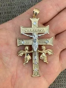 Authentic 14k Gold Plated Solid 925 Silver Caravaca Cross Double Crucifix Men LARGE 2.5"