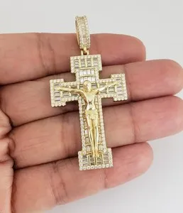 Authentic 14K Gold Plated 925 Silver Simulated Diamond Jesus Christ Crucifix Cross Pendant