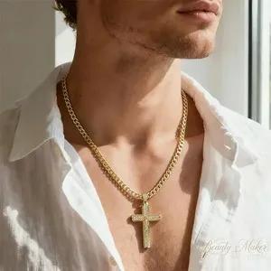 Authentic 14k Gold Plated Jesus Crucifix Cross Necklace Men Christian Pendant Jewelry
