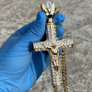 Authentic Mens 18K Gold Plated Huge Crucifix Cross Chain Jesus Piece Cuban Necklace 30" in