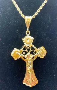 Authentic 14KT GOLD PLATED HUGE CRUCIFIX CROSS 4+ INCHES CHARM W/16"-30" 4MM ROPE -8501