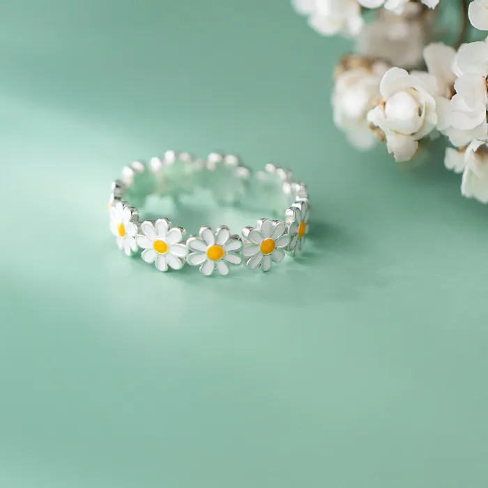 Authentic 925 Sterling Silver Daisy Ring Personality Charm Simple Style Ring Birthday Party for Women Exquisite Jewelry