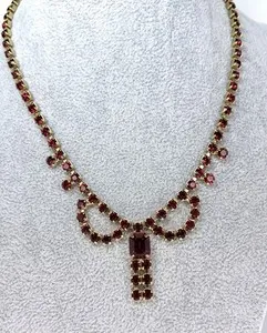 Authentic Vintage Red Rhinestone Gold Plated Necklace 15 1/2”