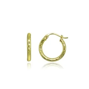 Authentic 2x15mm Round Diamond-Cut Polished Gold Plated 925 Silver Small Hoop Earrings