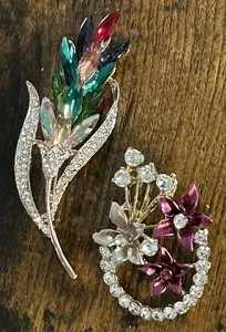 Authentic #B15. Set Of 2 Gold Plated Crystal Floral Pins