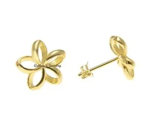 Authentic YELLOW GOLD PLATED SILVER 925 HAWAIIAN OPEN PLUMERIA FLOWER EARRINGS 8MM-15MM