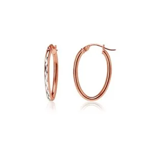 Authentic Oval Diamond-Cut 2mm Hoop Earrings in Rose Gold Plated 925 Silver Two Tone, 15mm
