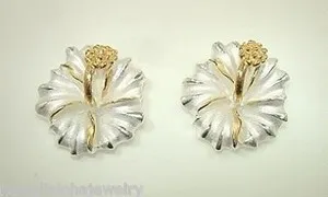 Authentic 15mm Yellow Gold Plated 925 Silver Hawaiian Hibiscus Flower Stud Earrings #2