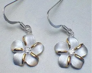 Authentic 15mm Hawaiian Yellow Gold Plated 925 STER Silver Plumeria CZ Hook Earrings #2