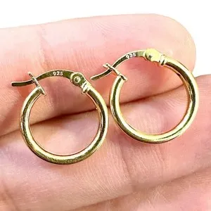 Authentic Gold Hoop Earrings 15mm 925 Sterling Silver Gold Plated 2mm Small Hoops