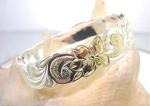 Authentic 15MM 2-TONE YELLOW GOLD PLATED 925 STERLING SILVER PRINCESS SCROLLS BANGLE 7.75