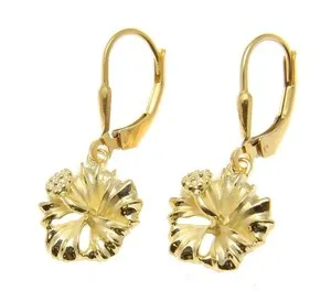 Authentic YELLOW GOLD PLATED SILVER 925 HAWAIIAN HIBISCUS LEVERBACK EARRINGS 10MM-15MM
