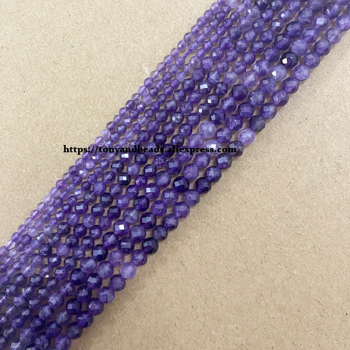 Authentic Semi-precious Stone 2 3 4MM Small Diamond Cuts Faceted AA Brazil Purple Amethyst Round Loose Beads 15" Pick Size Jewelry Making