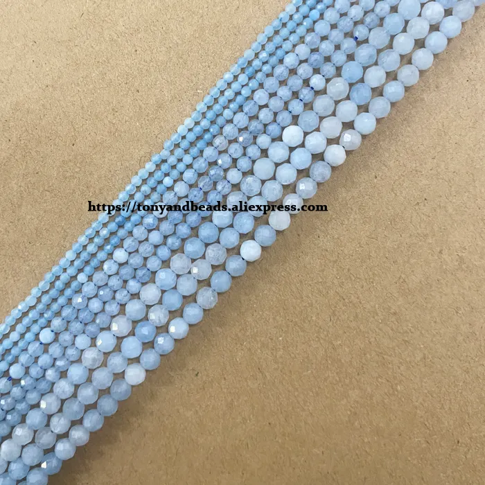 Authentic Semi-precious Stone 2 3 4MM Small Diamond Cuts Faceted Blue Aquamarine Round Loose Beads 15" Pick Size For Jewelry Making DIY