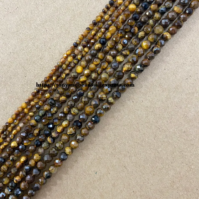 Authentic Small Diamond Cuts Faceted AB Brown Gold Tiger Eye Stone Round Loose Beads 15" 2 3 4MM Pick Size For Jewelry Making DIY