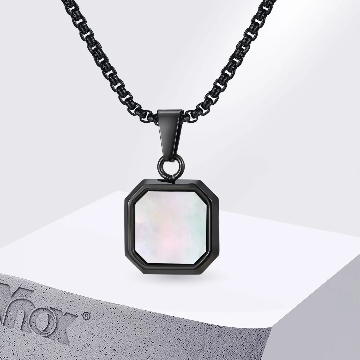 Authentic Vnox Shell Necklace for Men Boys, Hypoallergenic Waterproof Square Pendant with Box Chain, Birthday for Him