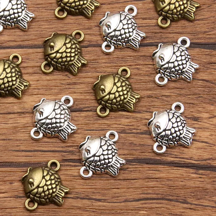 Authentic 20Pcs 15*18mm 2 Color Fish Charms Animal Connector Handmade Decoration Vintage For DIY Jewelry Making Findings